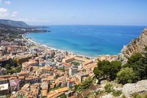 Aerial view of Cefalu with beautiful beach and Mediterranean sea, Sicily, Italy