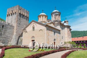 1 June 2024, Despotovac, Serbia: Manasija Monastery, a medieval Serbian cultural treasure, nestled atop a scenic hill, adorned with ancient walls and majestic towers.