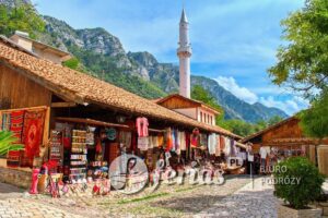 Old Bazaar with souvenir shops, Kruje Albania. Krujë is a town and a municipality in north-central Albania