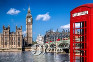 London symbols with BIG BEN, DOUBLE DECKER BUSES and Red Phone Booth in England, UK