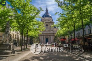 Sorbonne university main building and square in Paris in spring